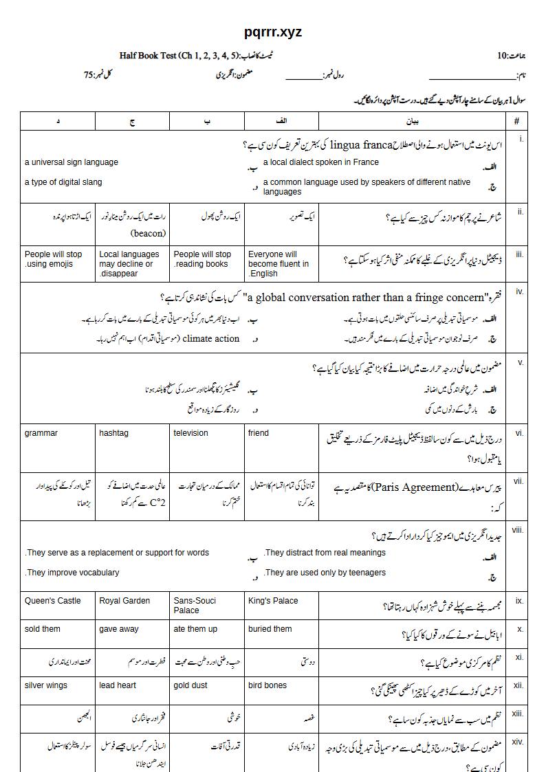 First page of 10th English – Half book (Chapters 1–5) – Half Book Test, 75 marks (Urdu)