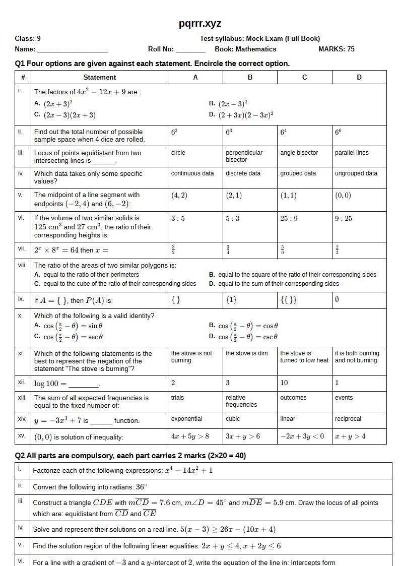 First page of 9th Mathematics – Complete book – Mock Exam, 75 marks (English)