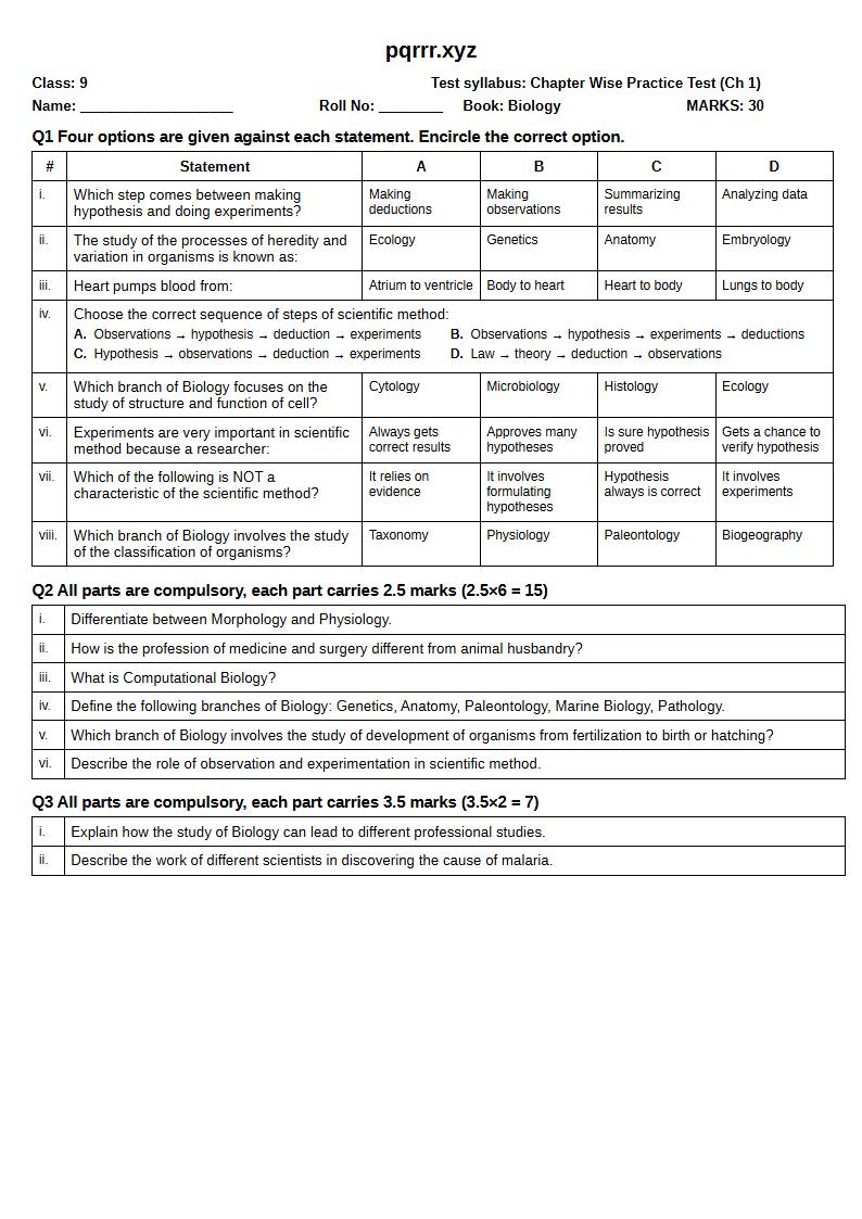 First page of 9th Biology – Chapter 1 – The Science of Biology – Chapter Wise Practice Test, 30 marks (English)