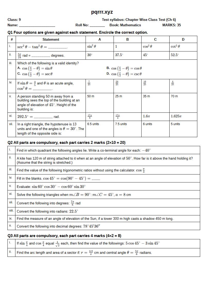First page of 9th Mathematics – Chapter 6 – Trigonometry – Chapter Wise Class Test, 35 marks (English)