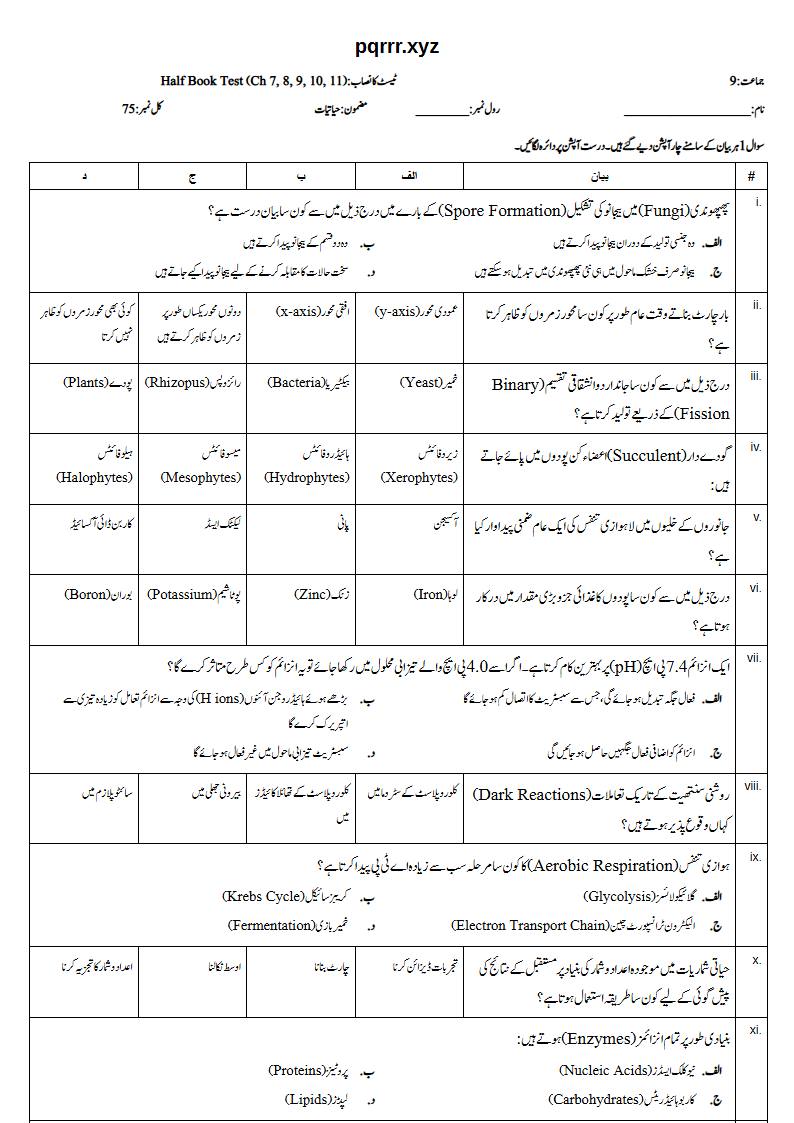 First page of 9th Biology – Half book (Chapters 7–11) – Half Book Test, 75 marks (Urdu)