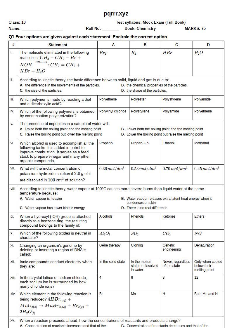 First page of 10th Chemistry – Complete book – Mock Exam, 75 marks (English)