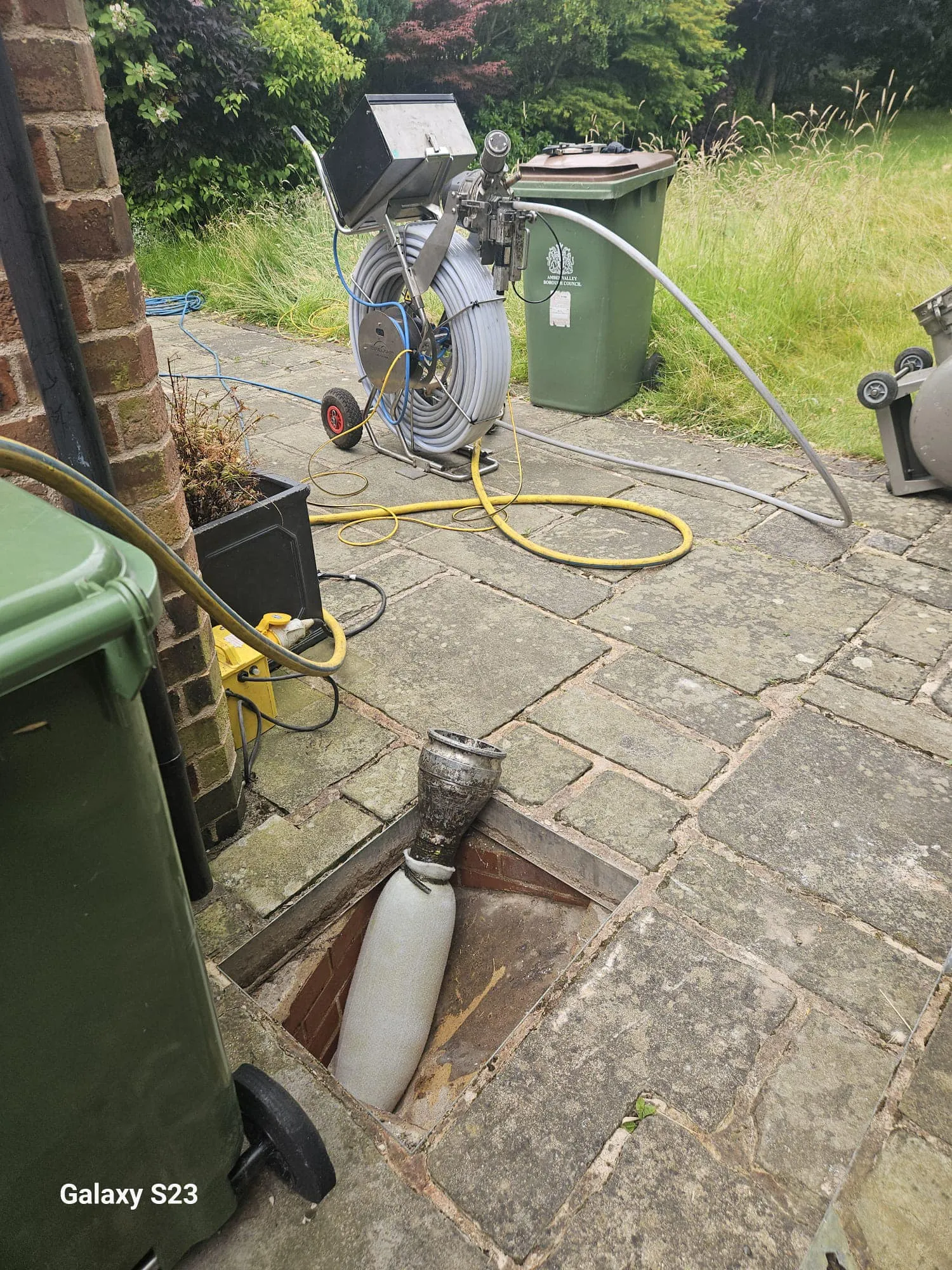 Drain 2 Flow Devon engineer's equipment in use for a drain relining or CCTV survey at a residential property in Devon.