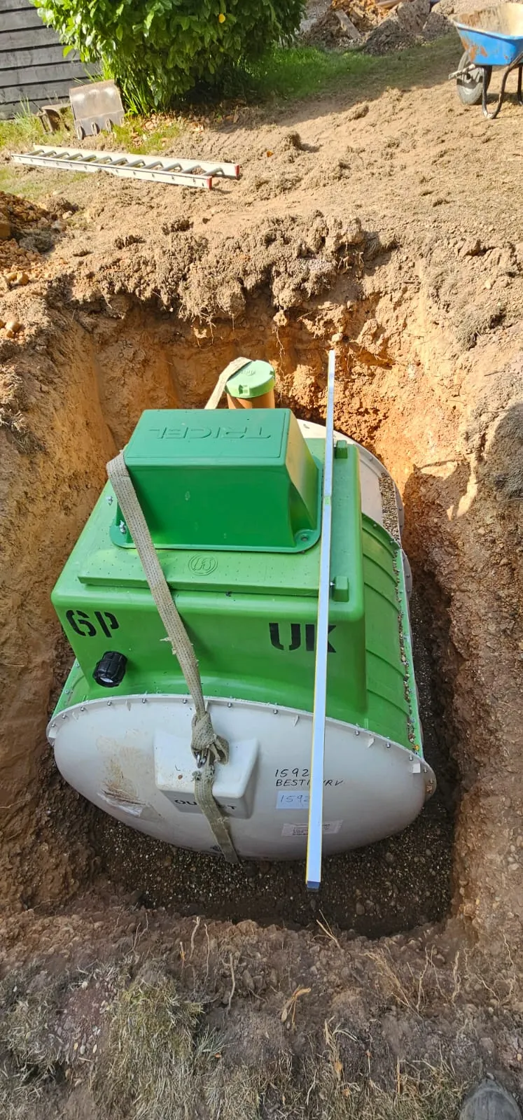 Installation of a Tricel sewage treatment plant in a prepared ground excavation by Eco Drain Solutions Ltd.