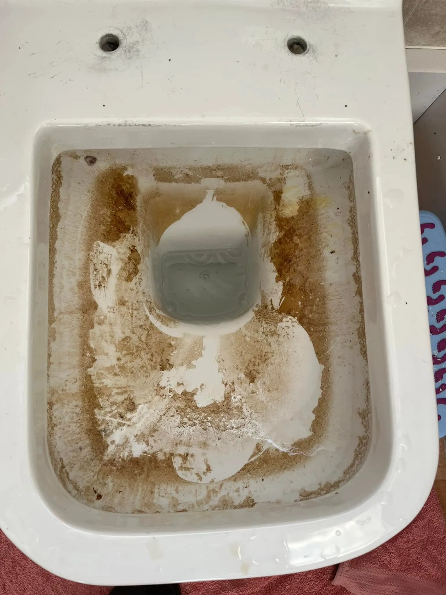 Dirty toilet bowl needing drain unblocking service