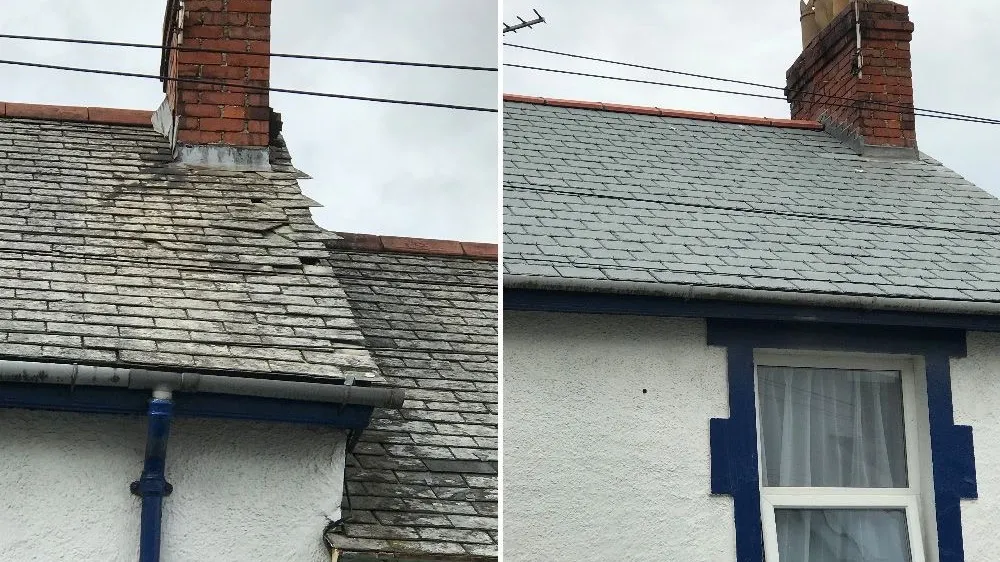 Before and after comparison of a professional slate roof replacement and chimney repair by Century Roofing and Building.