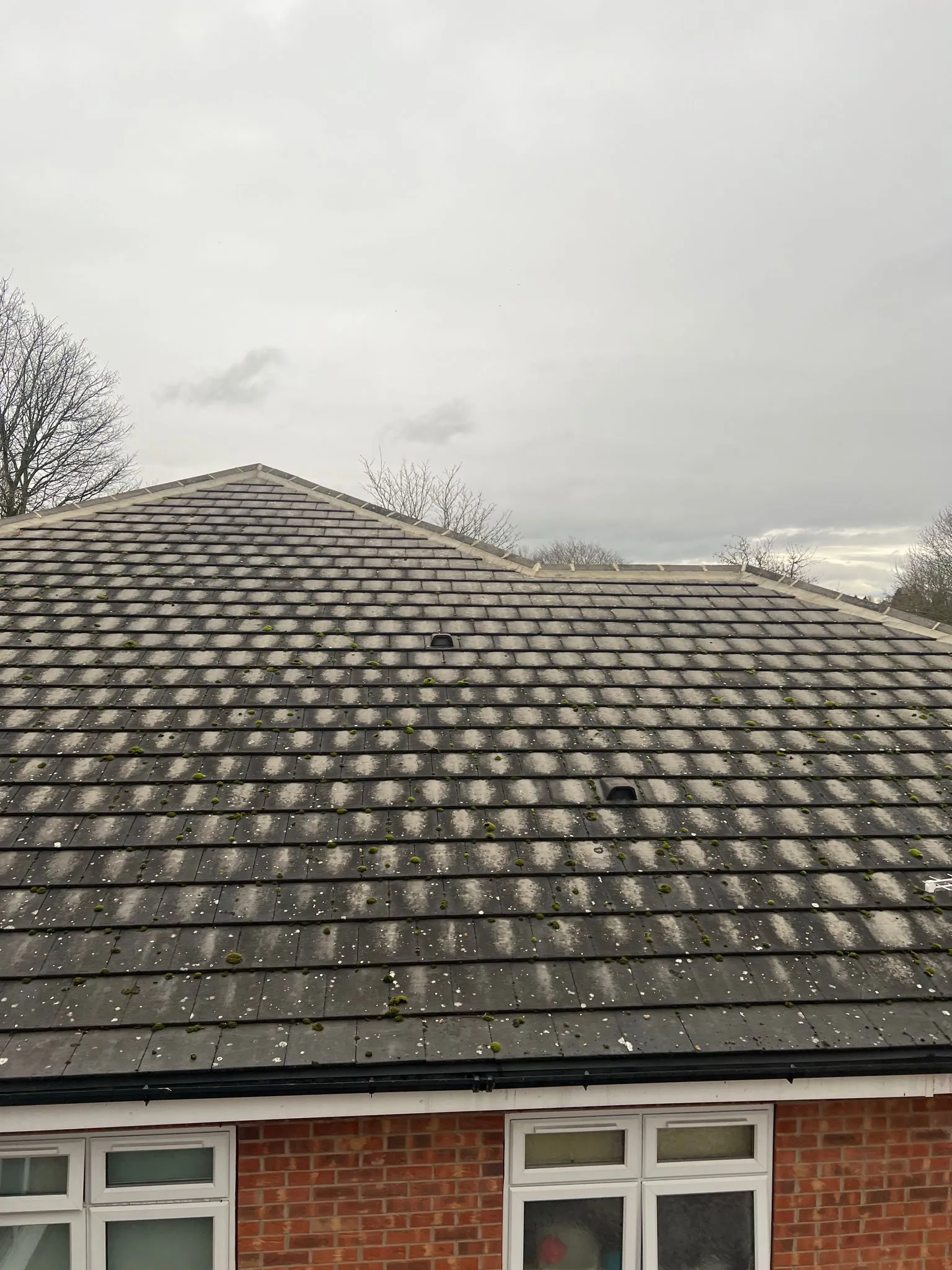 Pitched tiled roof weathering in Sheffield under cloudy sky