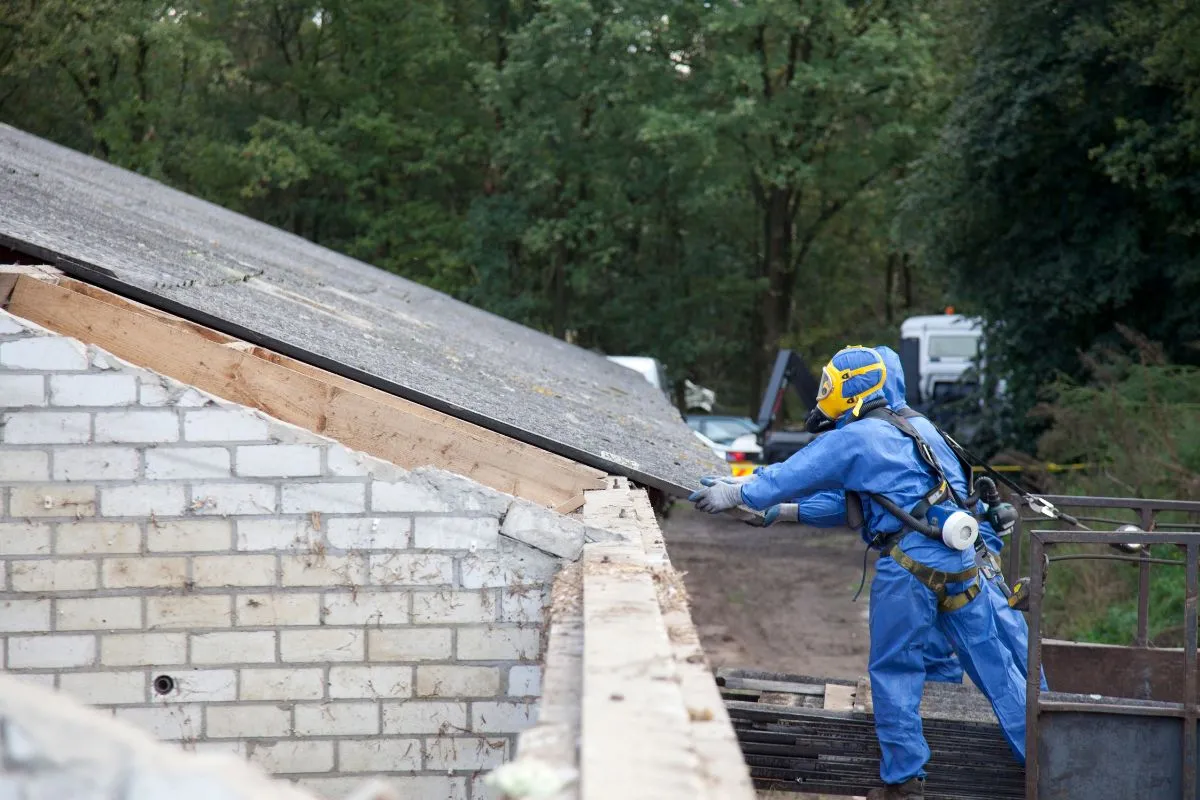 Asbestos professional in blue protective suit and mask removing a roof sheet