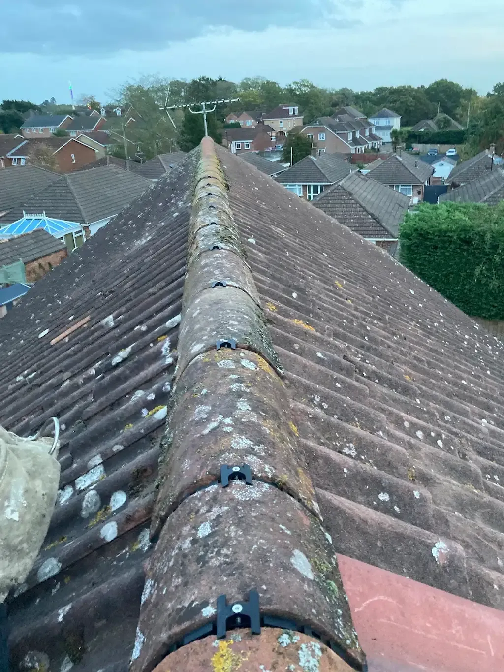 Close-up of a tiled roof ridge with moss and lichen, showing the condition of the ridge tiles in Southampton.