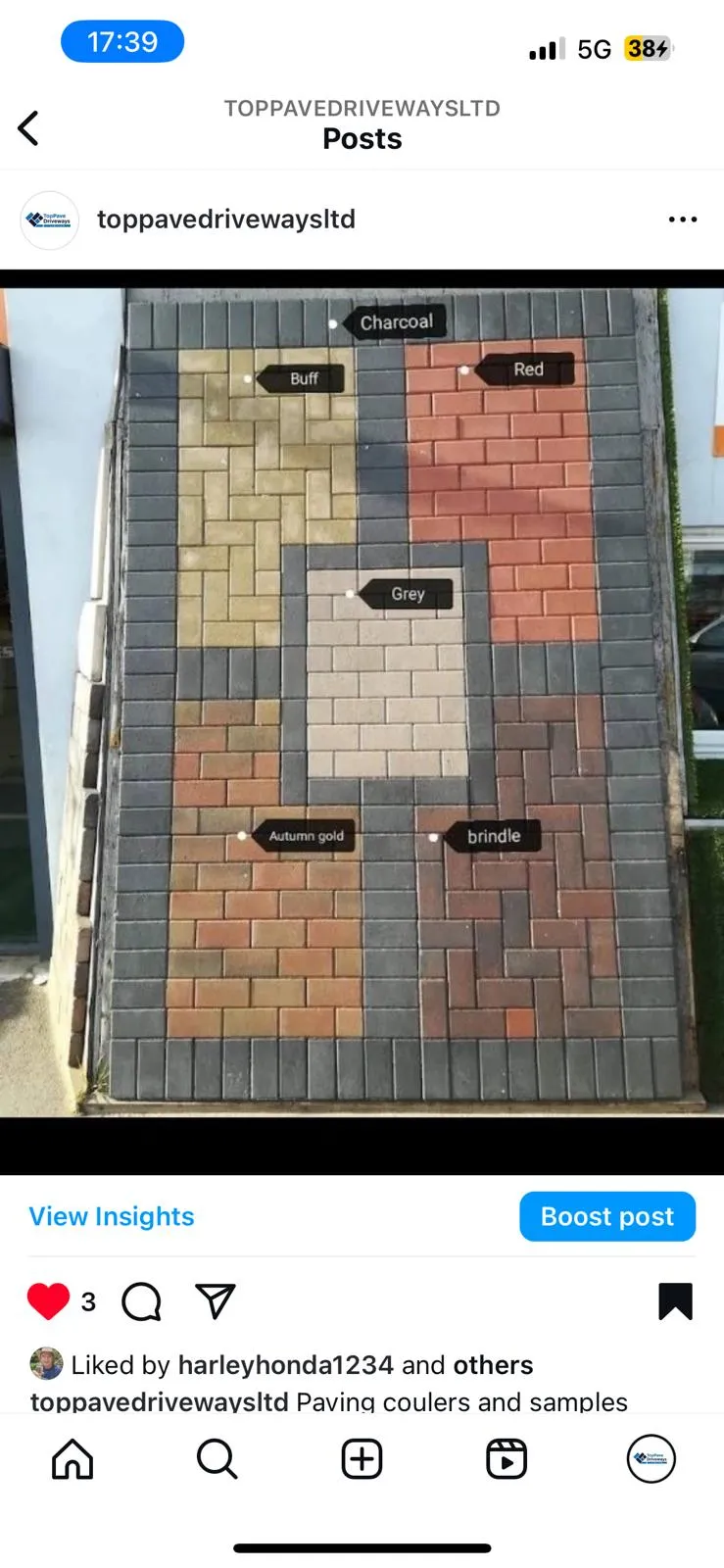 An overhead view of multiple block paving samples laid out on a surface, showcasing different colours like grey, red, buff, and autumn gold, with their names labeled. It demonstrates various options for driveways or patios.
