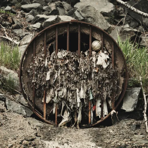 Heavily blocked outdoor drain opening covered in debris