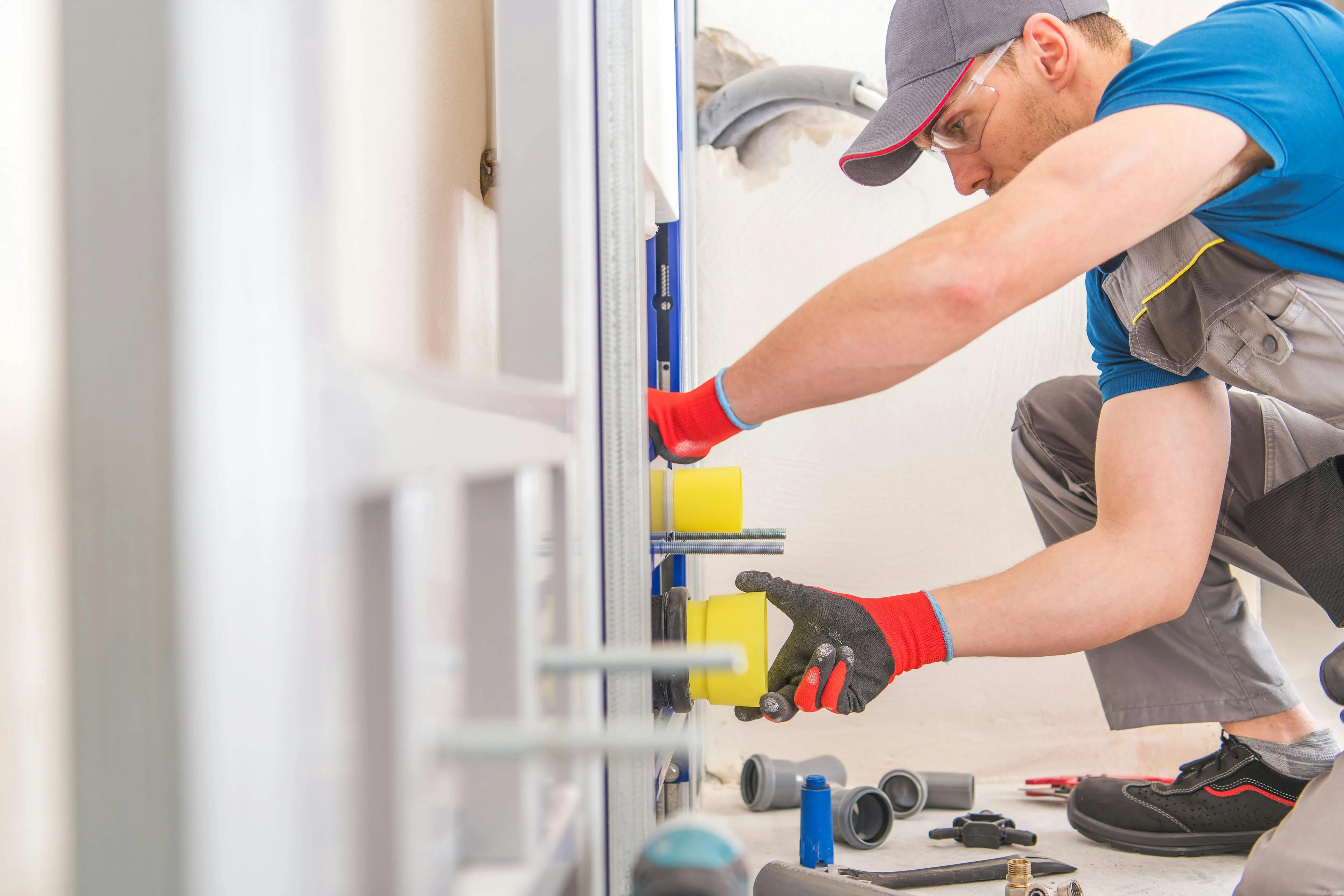 A plumber installing pipework and frame during a plumbing job.