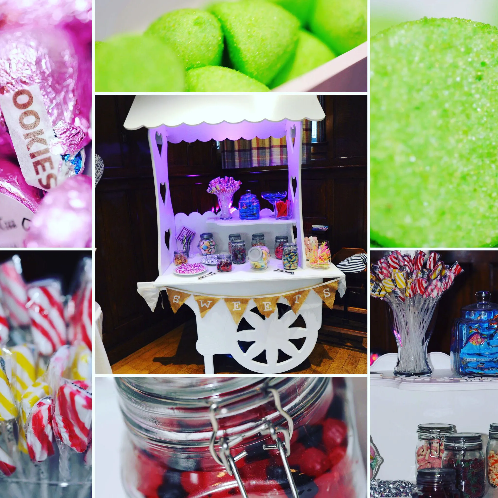 A white candy cart featuring jars of sweets, lollipops, and candies, with purple LED lighting.