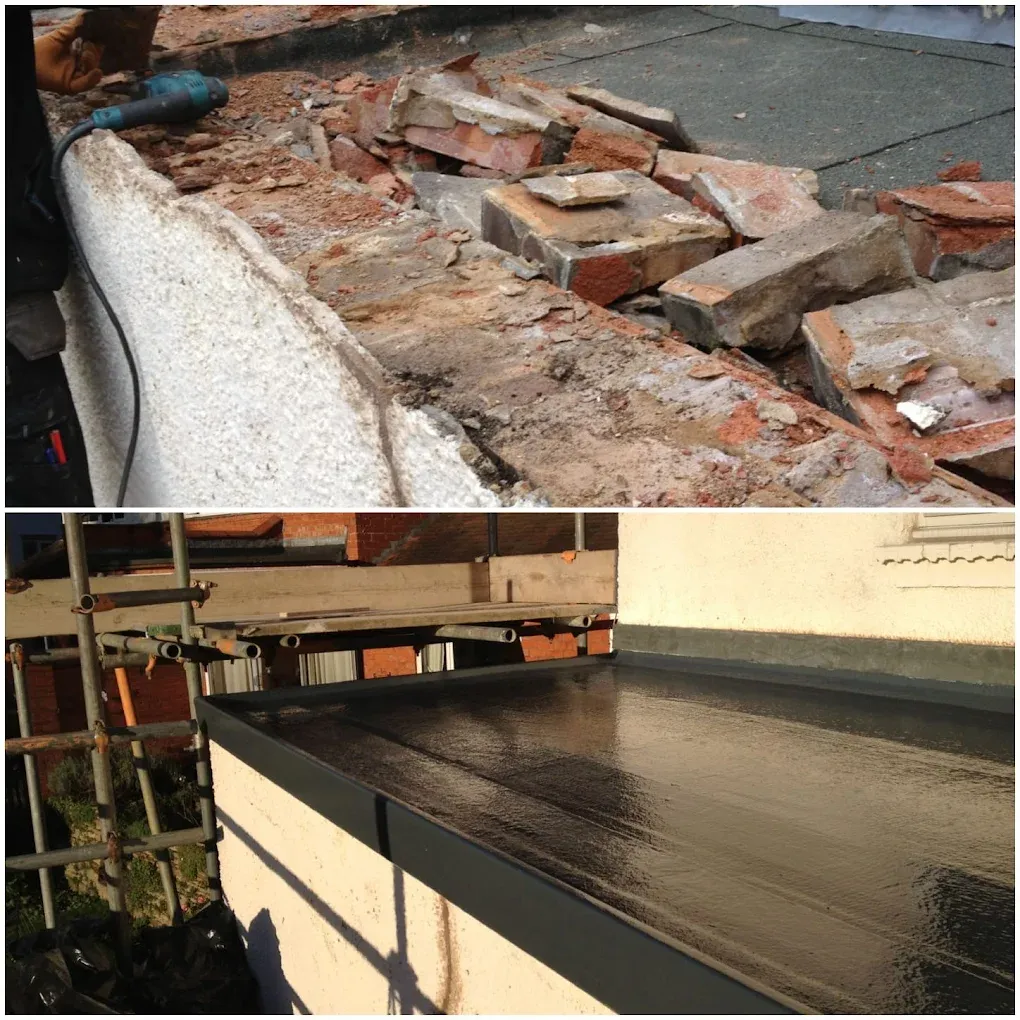 Before and after images showing a flat roof replacement project.