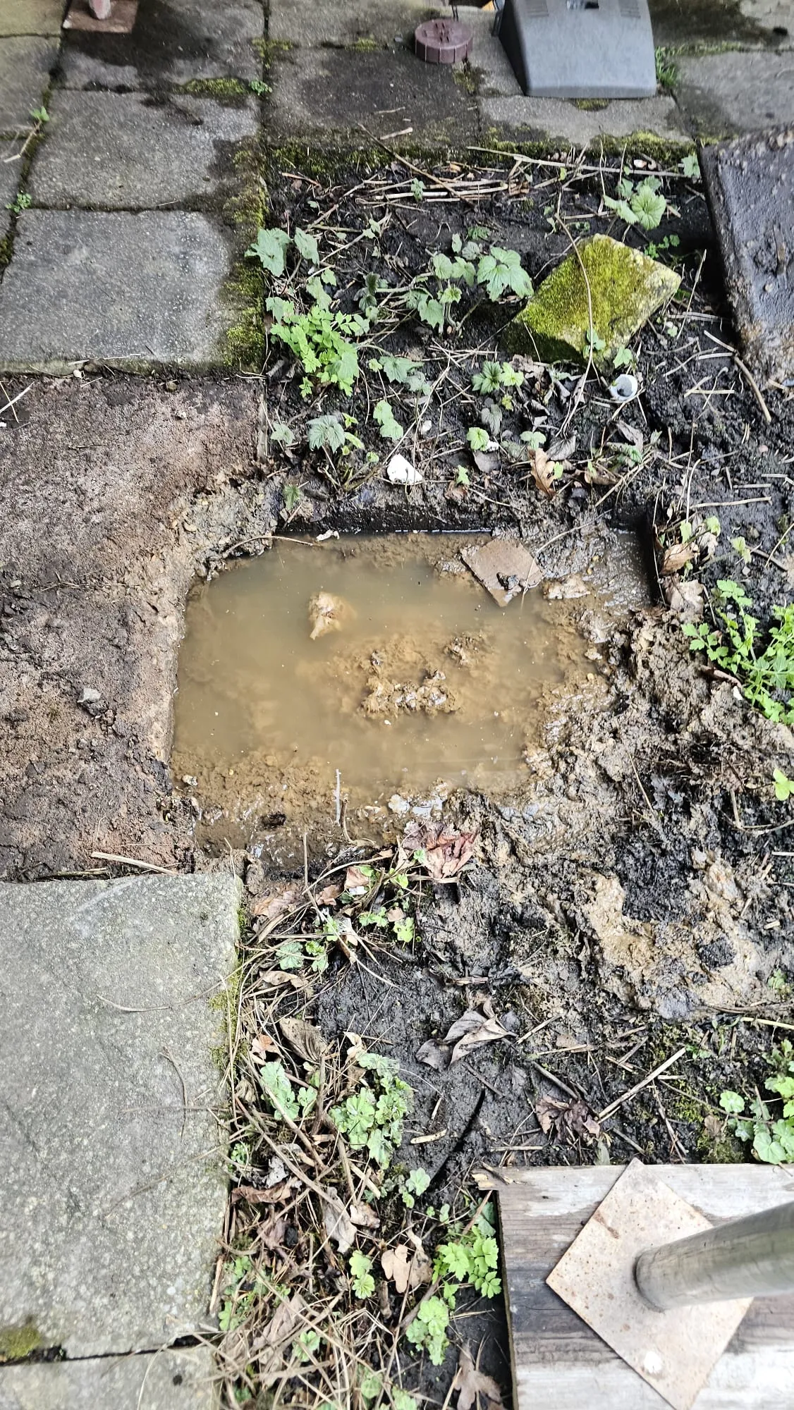 A photograph showing standing muddy water from a blocked outdoor drain or gully, next to paving stones and soil.