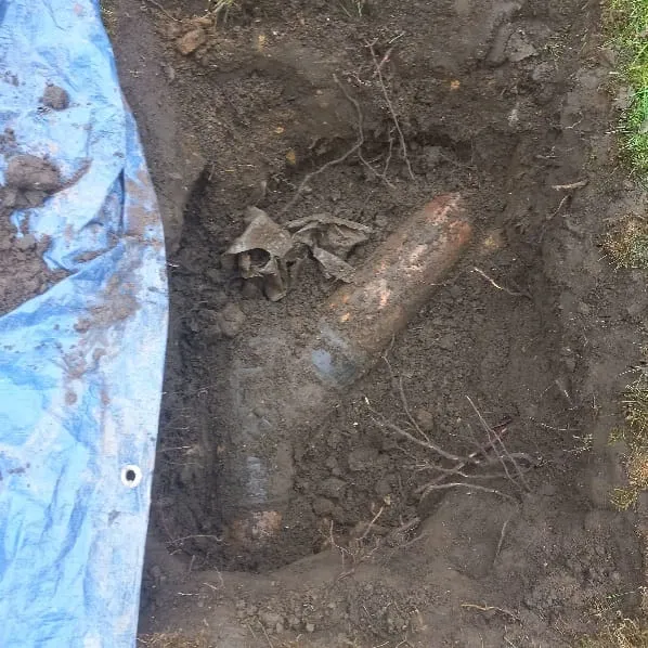 Exposed underground drain pipe with a junction and thick tree roots, uncovered during a root removal or repair excavation.
