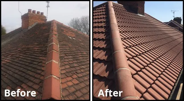 Before and after image of a roof repair showing old tiles and ridge transformed with new ridge tiles.