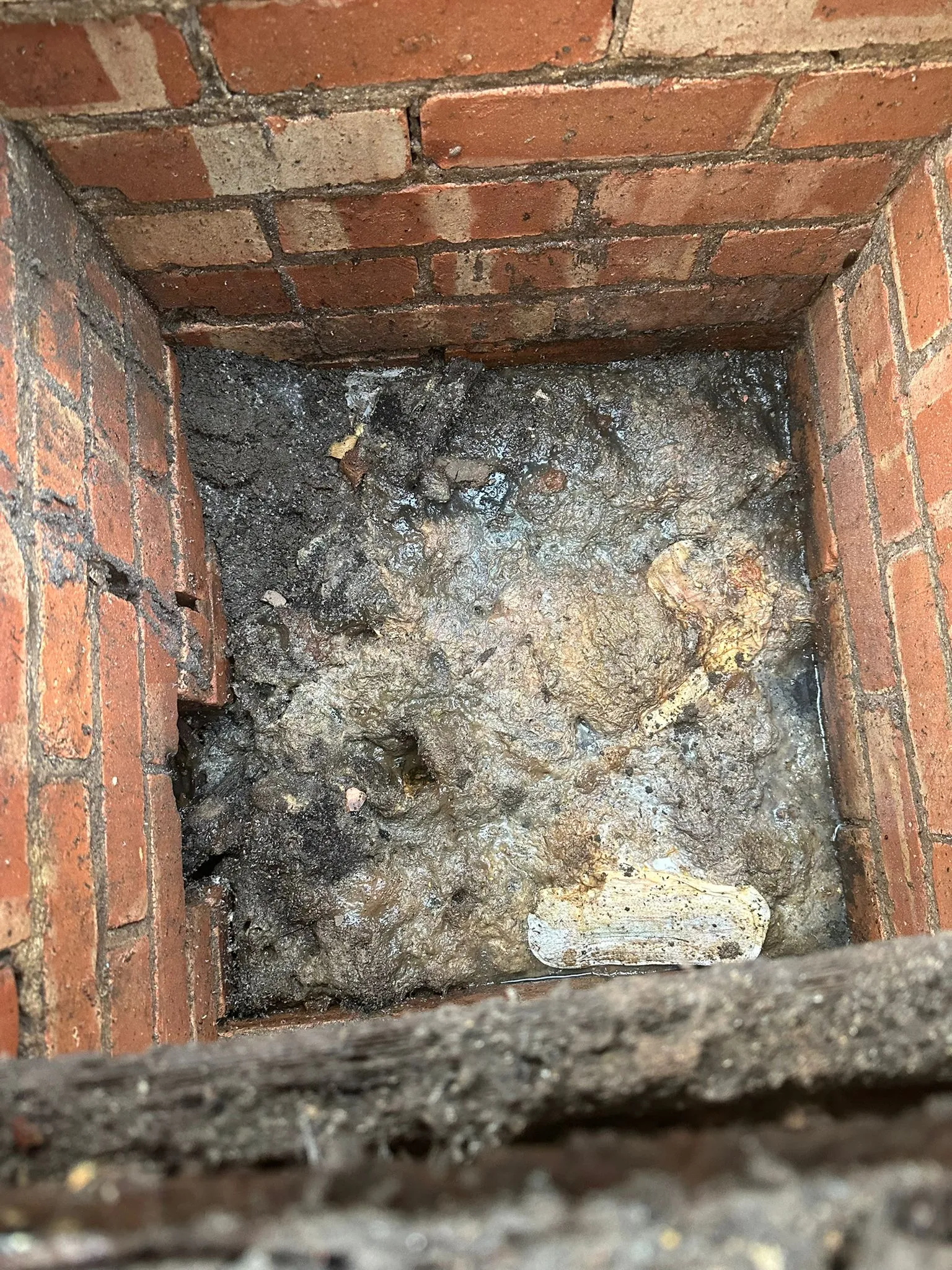 A picture of a severely blocked outdoor drain or manhole