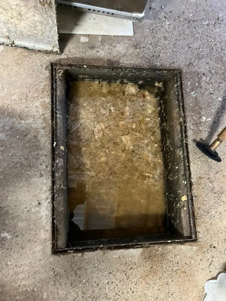 A picture of a blocked drain inspection chamber overflowing with waste.