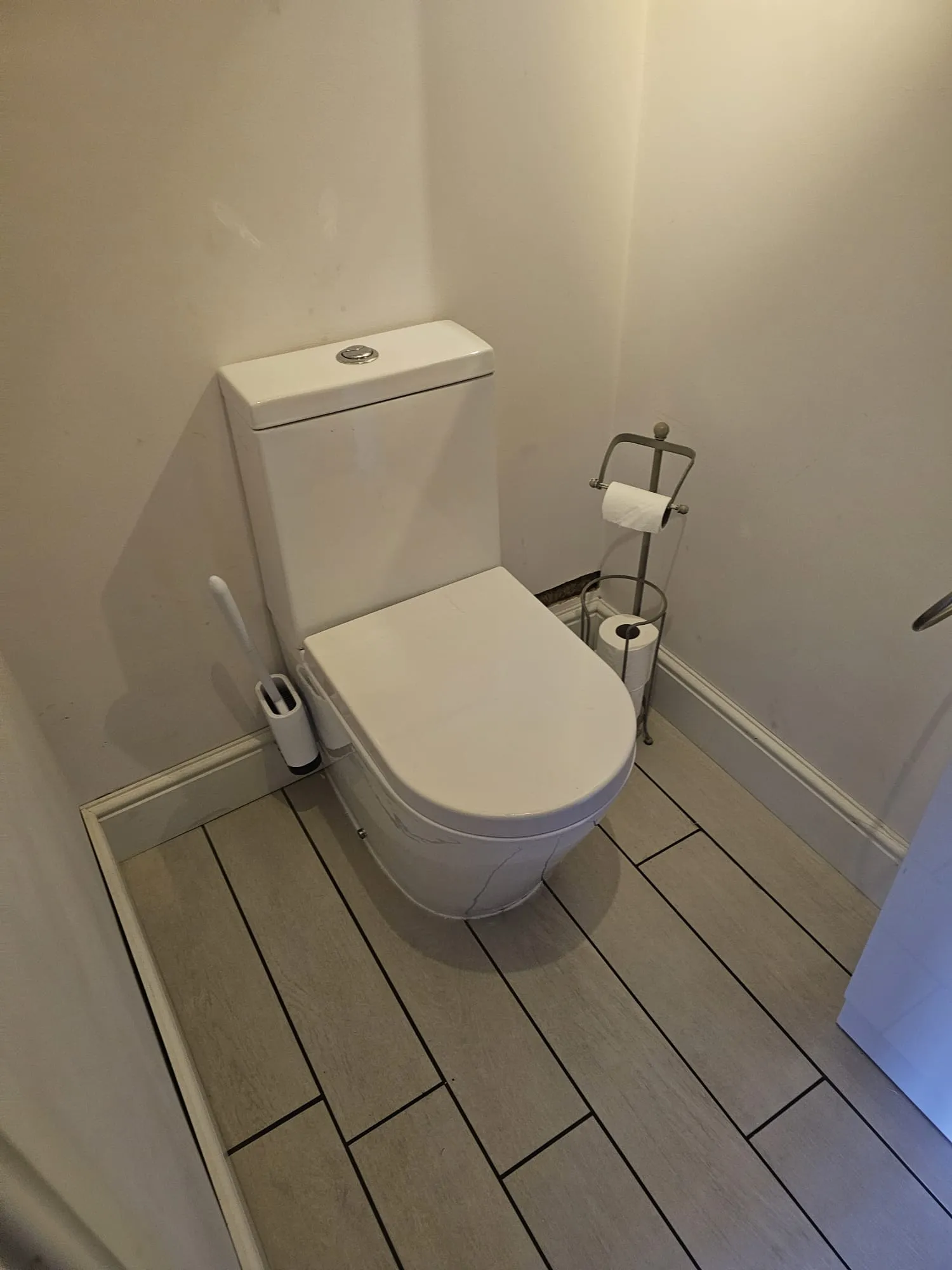 A white toilet and toilet roll holder in a residential bathroom