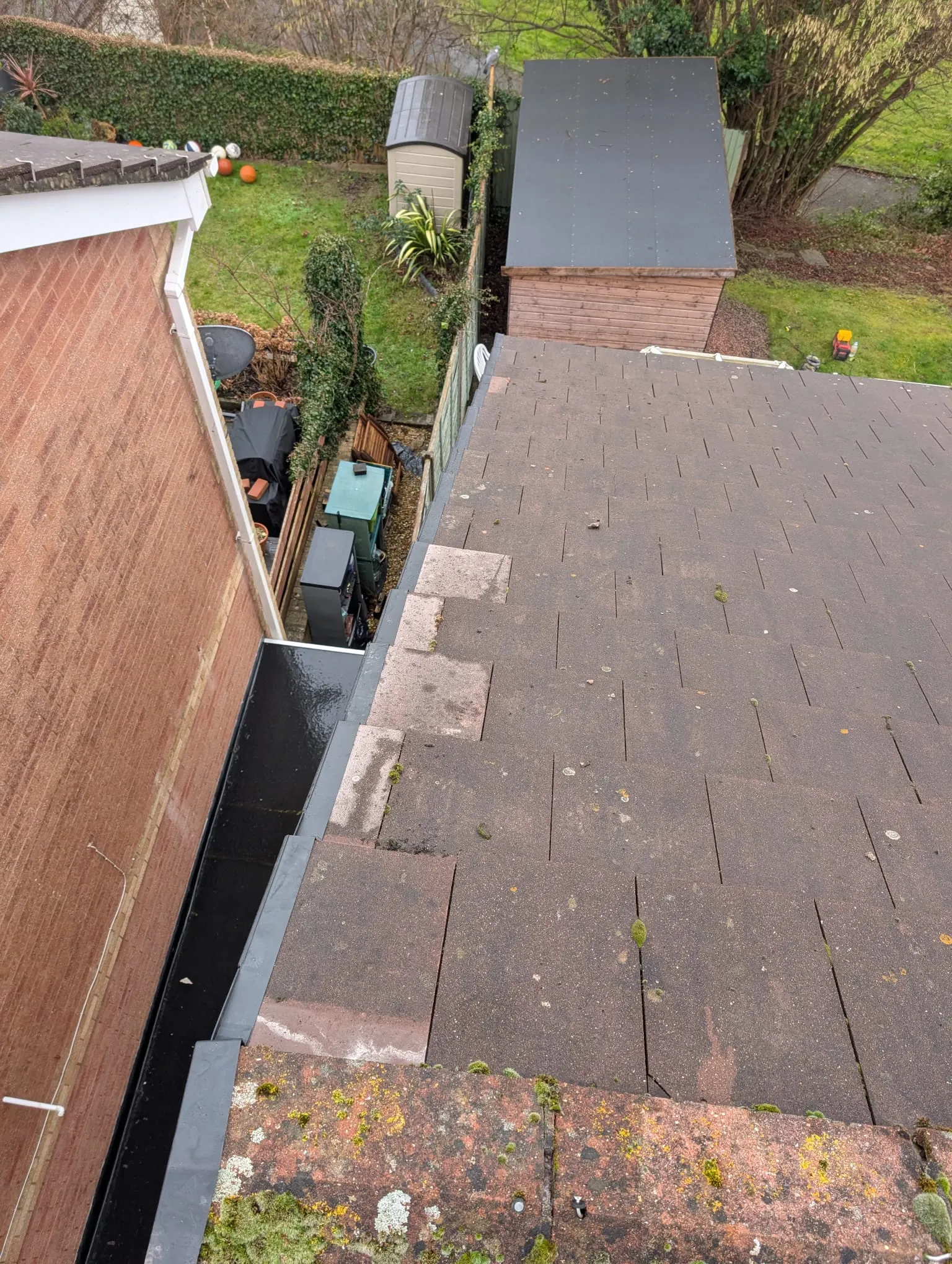 Residential tiled roof with heavy moss, next to a clean gully and brick wall, overlooking a garden