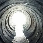 Inside a clean drain pipe with a bright light at the end, viewed during a CCTV survey