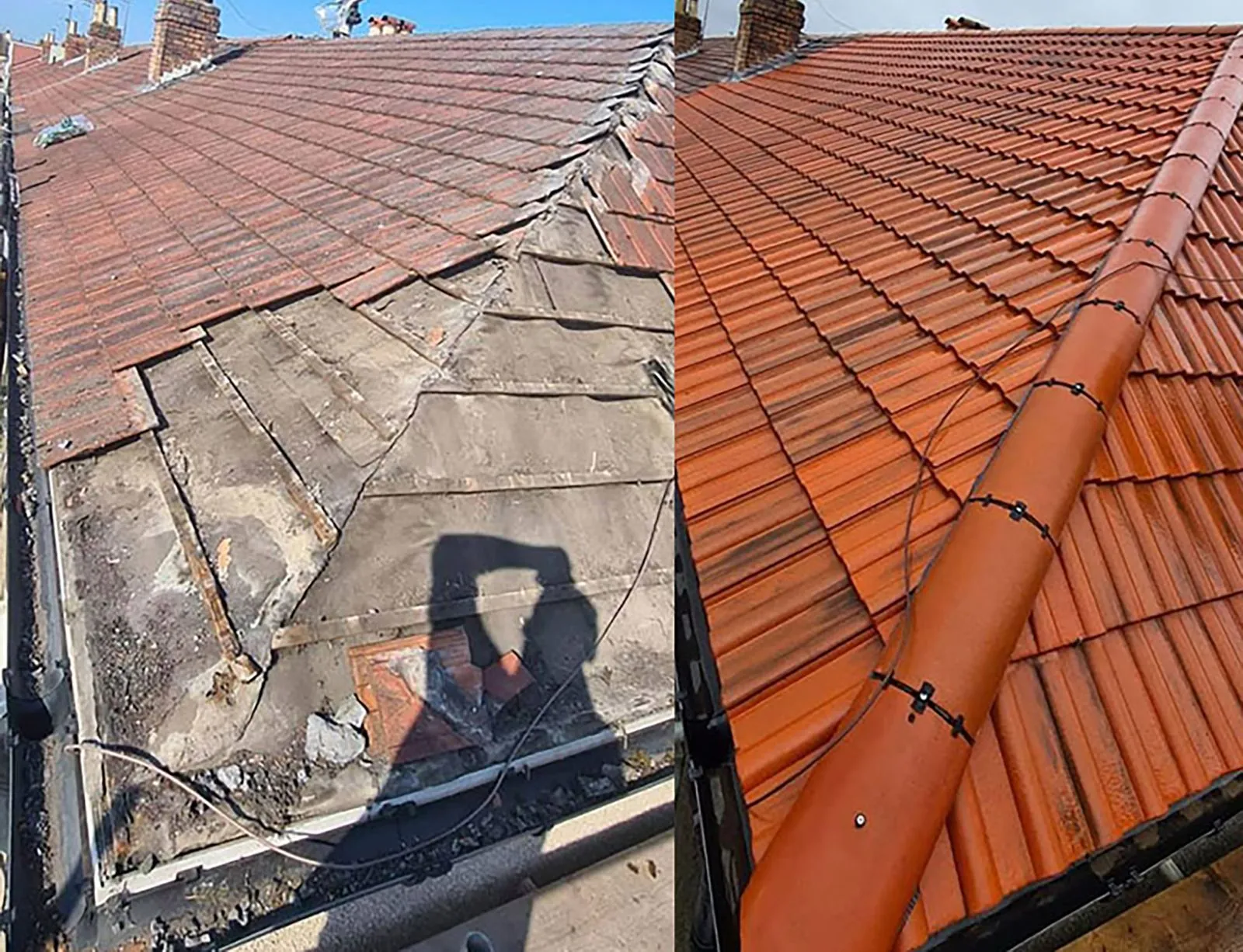 Before and after photo showing a repaired tiled roof in Haywards Heath