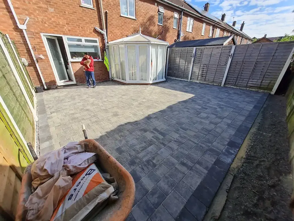 Newly laid block paving patio in a residential garden