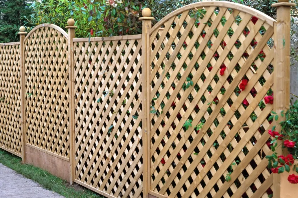 Close up of decorative wooden lattice fencing.