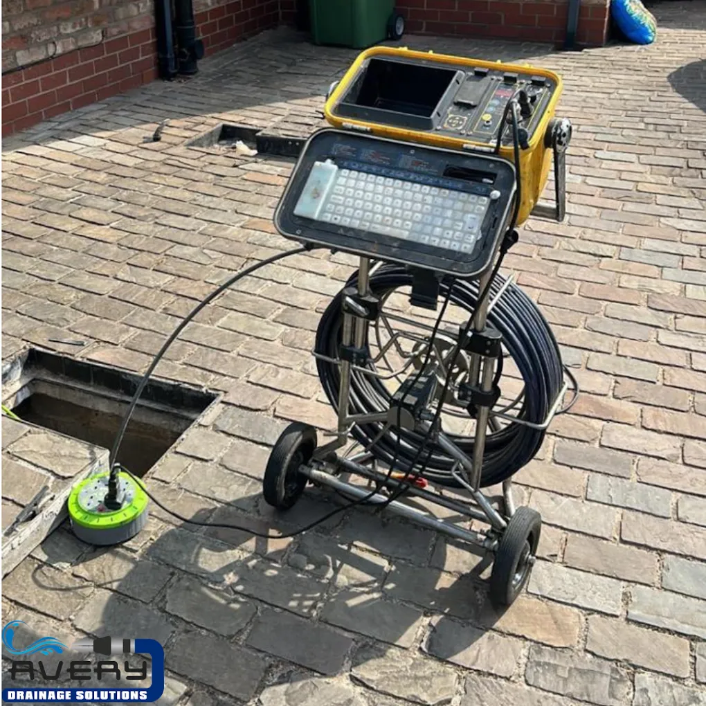 A CCTV drain survey camera unit with cable entering an open drain cover on a paved surface, showing professional equipment for pipe inspections.