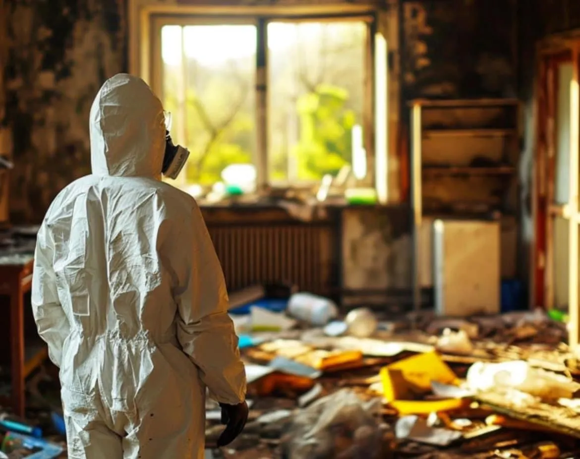 A person in a protective suit assessing a hoarder house or property requiring extreme waste clearance.