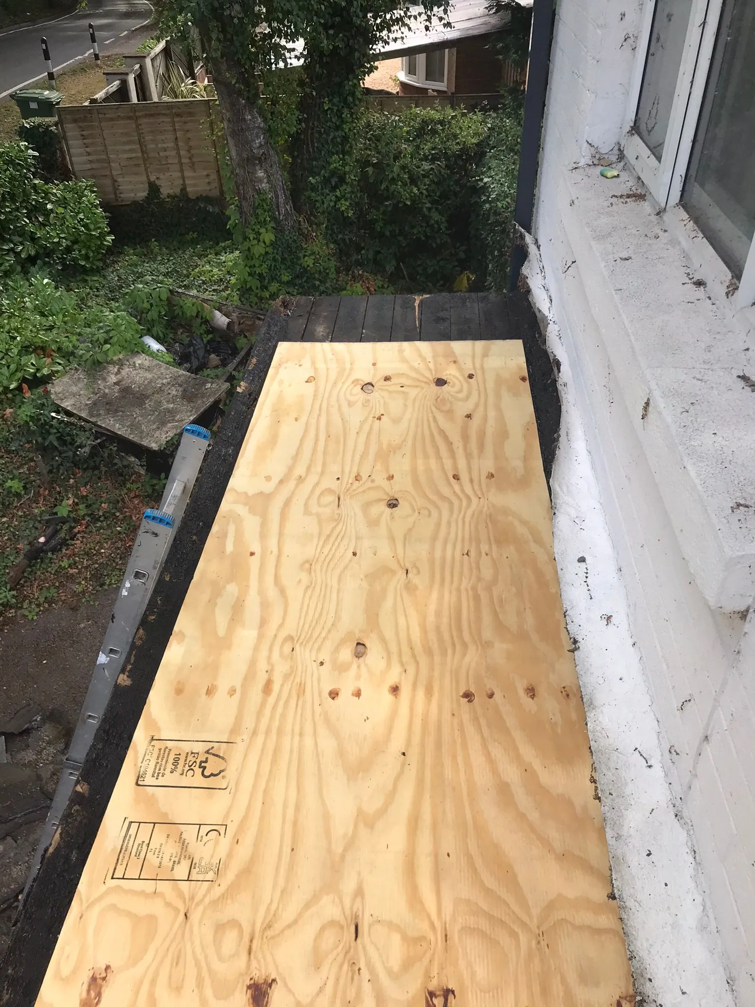 New plywood sheeting installed on a flat roof next to a white wall, with a ladder and garden in the background, showing roof preparation work.