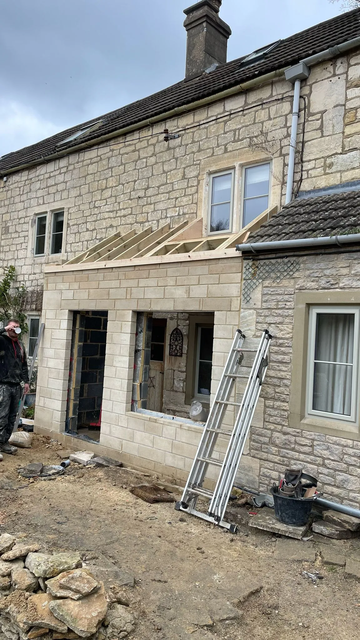 Ongoing construction of a stone home extension in Cheltenham by DP Carpentry and Building LTD.