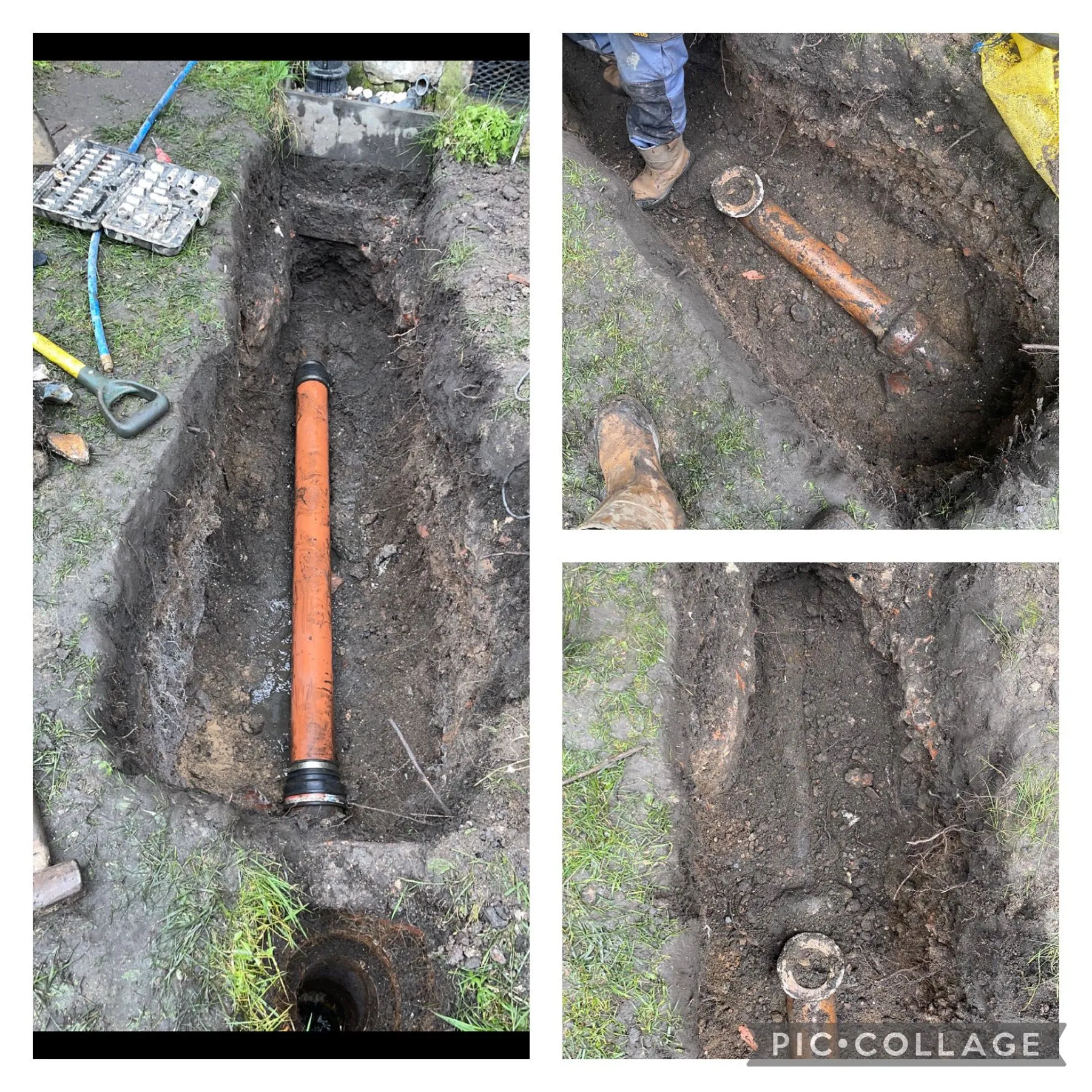 Picture of drainage groundworks with a new pipe section being installed or repaired in an excavated trench.