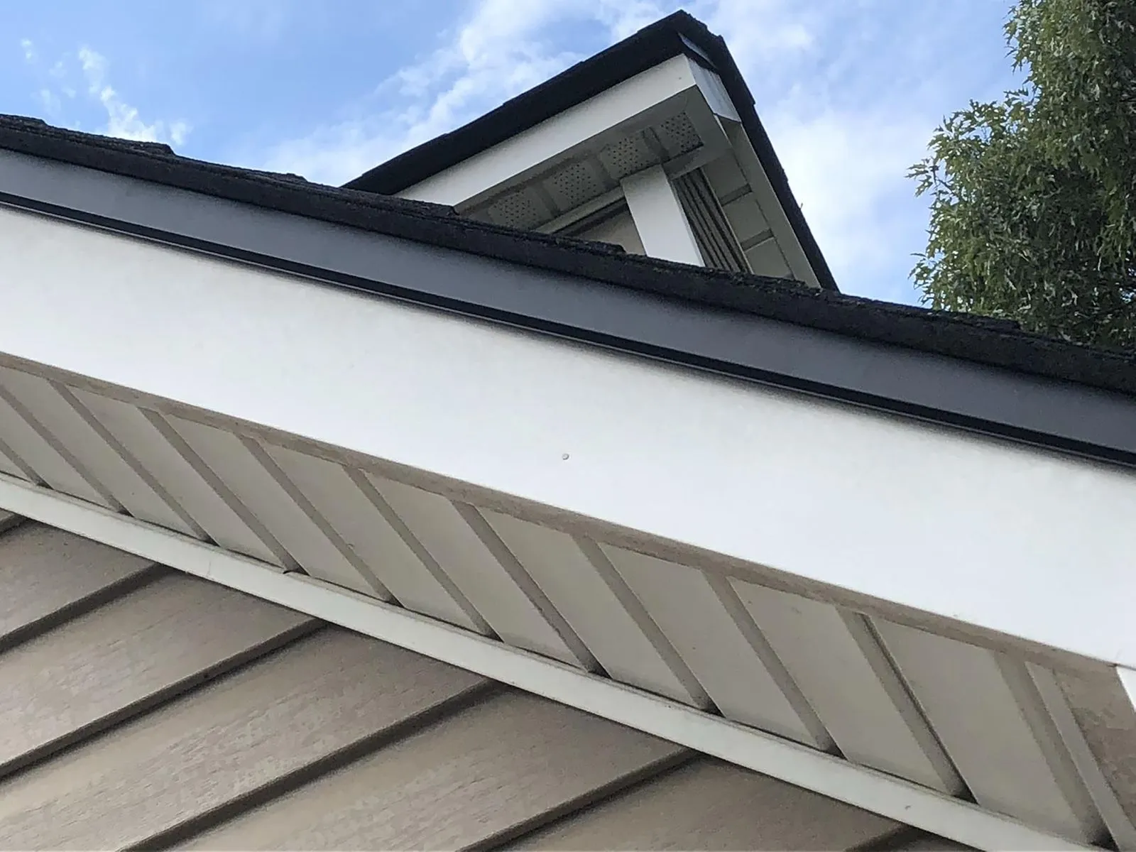New black guttering, white fascia board, and vented soffit on a house roof in Haywards Heath.