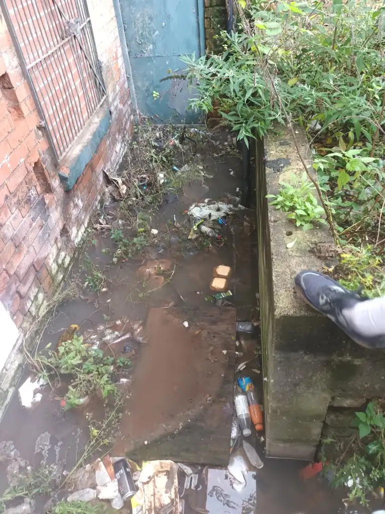Image of a heavily blocked outdoor drain or gully, filled with standing dirty water and rubbish next to a brick building.