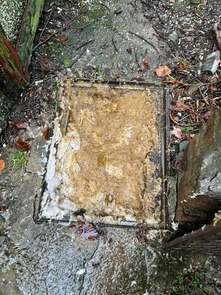 A picture of a blocked outdoor drain overflowing.