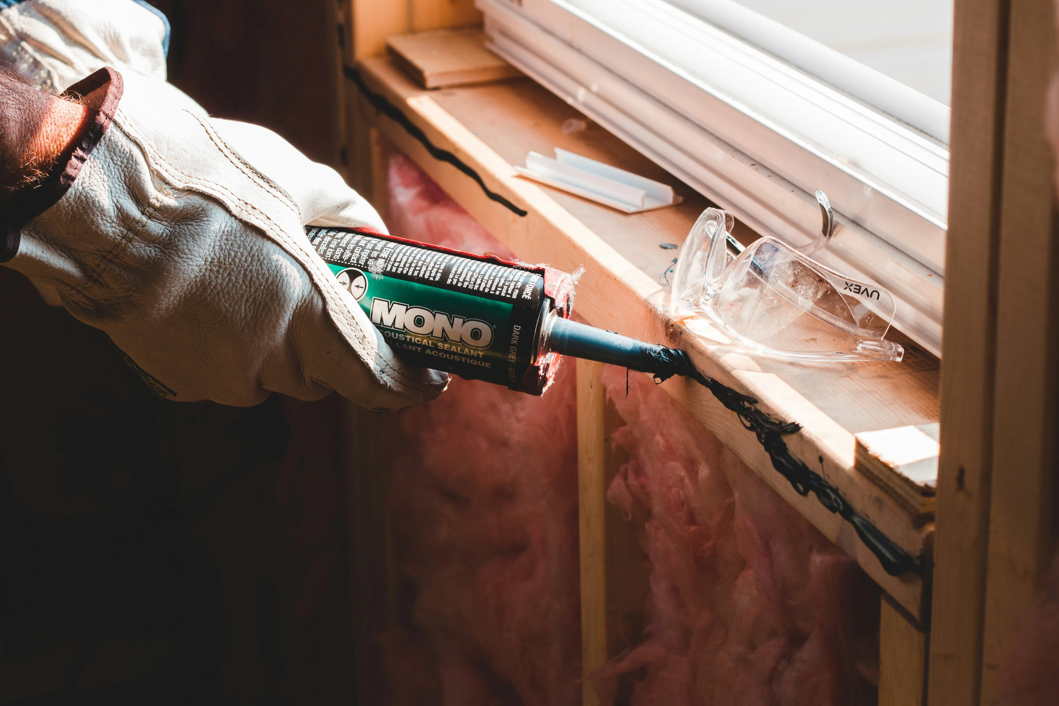 Close-up of a worker's gloved hand applying sealant to a wooden frame with a caulk gun, showing insulation in the background.