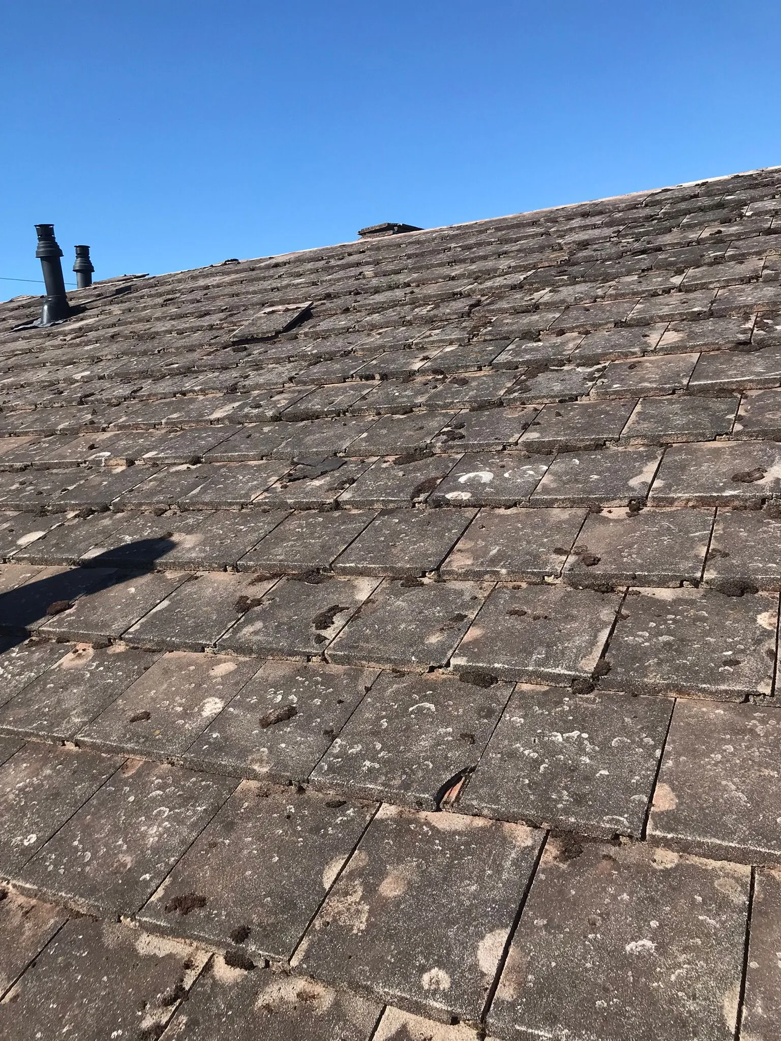 Close-up of an old tiled roof with moss growth and roof vents, under a clear sky.