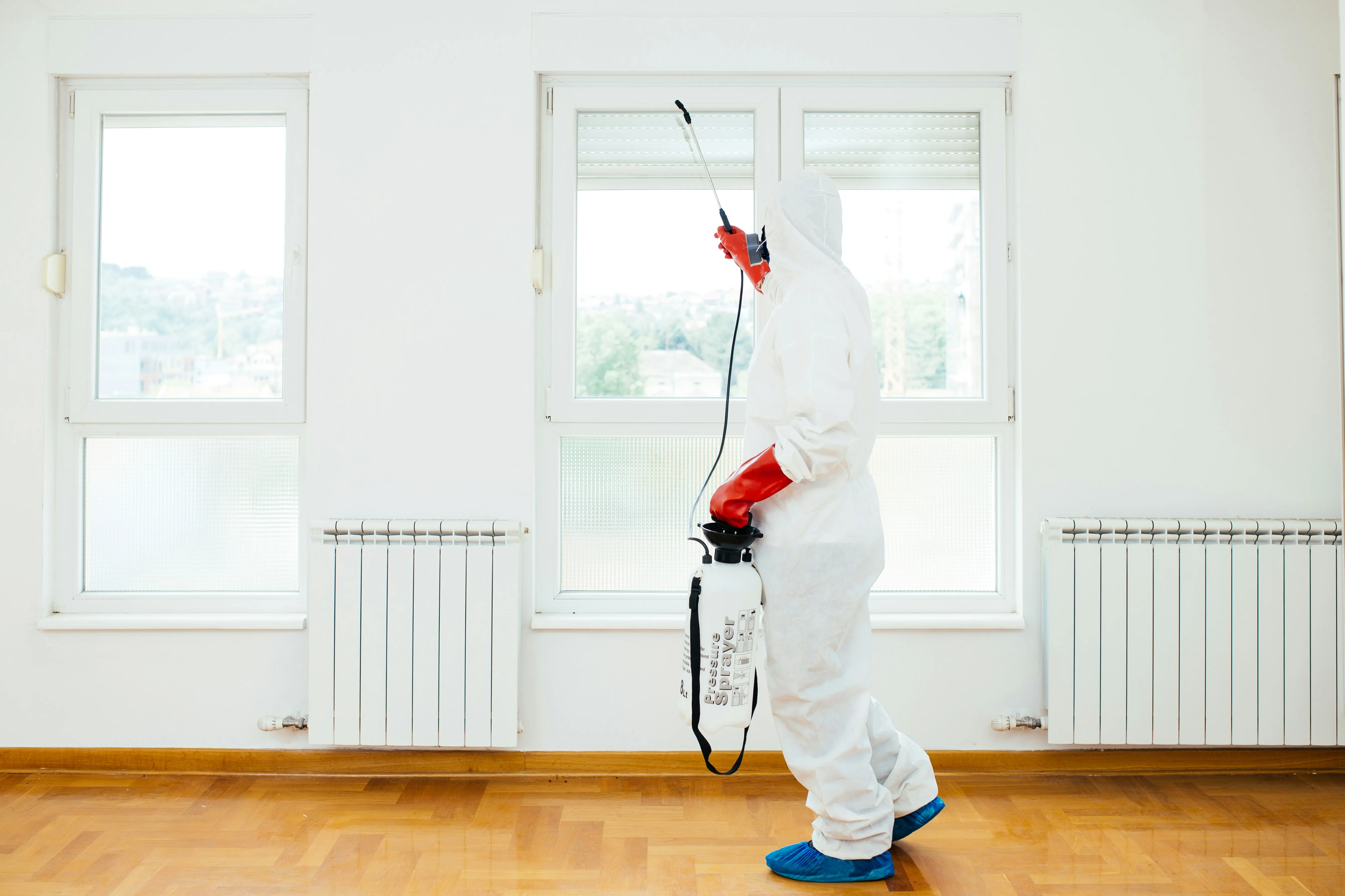 Professional pest control technician spraying insecticide for pest eradication.