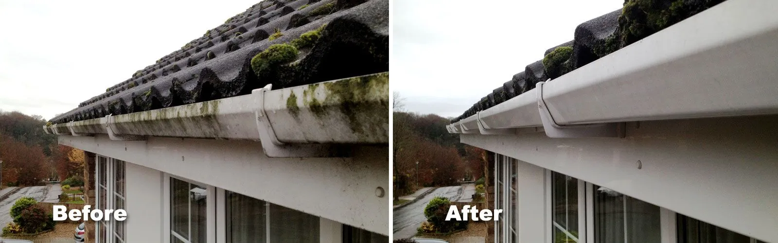 Before and after image of dirty vs clean guttering, fascias, soffits, and roof edge.