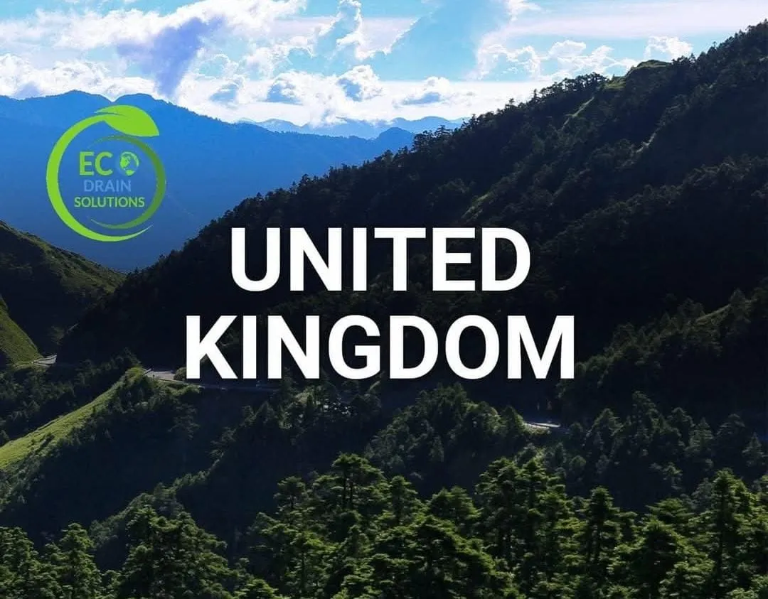 Eco Drain Solutions Ltd logo on a backdrop of green mountains and a blue sky, with large white text stating 'UNITED KINGDOM', representing their nationwide service coverage for off-mains drainage systems.