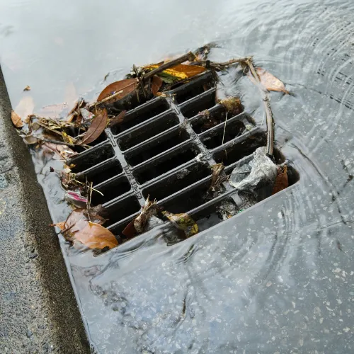 Blocked outdoor drain overflowing with water and leaves