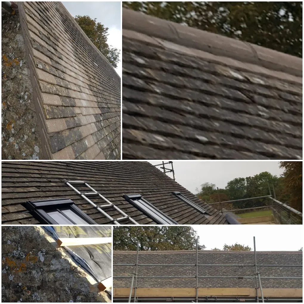 Collage showing tiled roof sections, rooflights, scaffolding, and close-ups of roof tiles for repair or replacement.