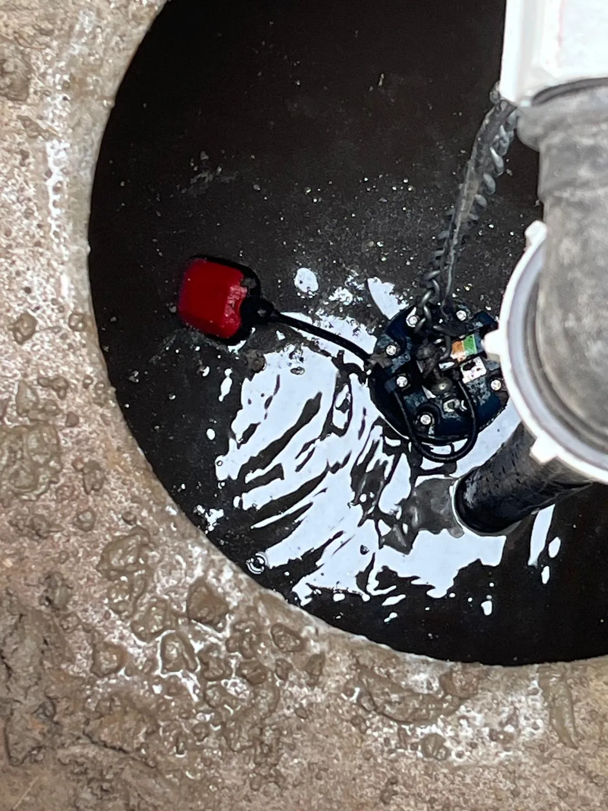A close-up view of a pump and red float switch inside a pump station, with water present.
