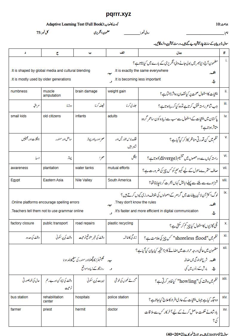 First page of 10th English – Complete book – Adaptive Learning Test, 75 marks (Urdu)