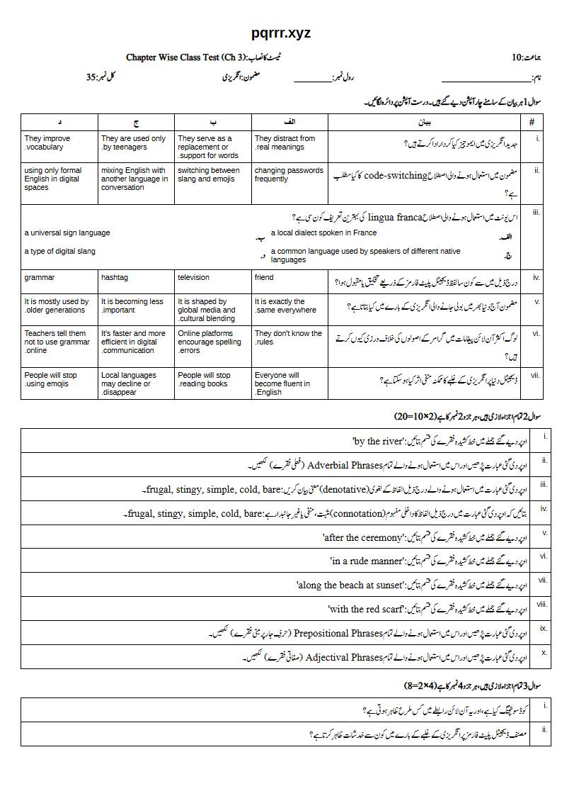 First page of 10th English – Chapter 3 – Digital Globalisation Transforming the English Language – Chapter Wise Class Test, 35 marks (Urdu)