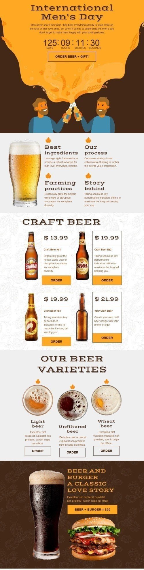 International Men's Day Email Template "Beer and burger" for Beverages industry