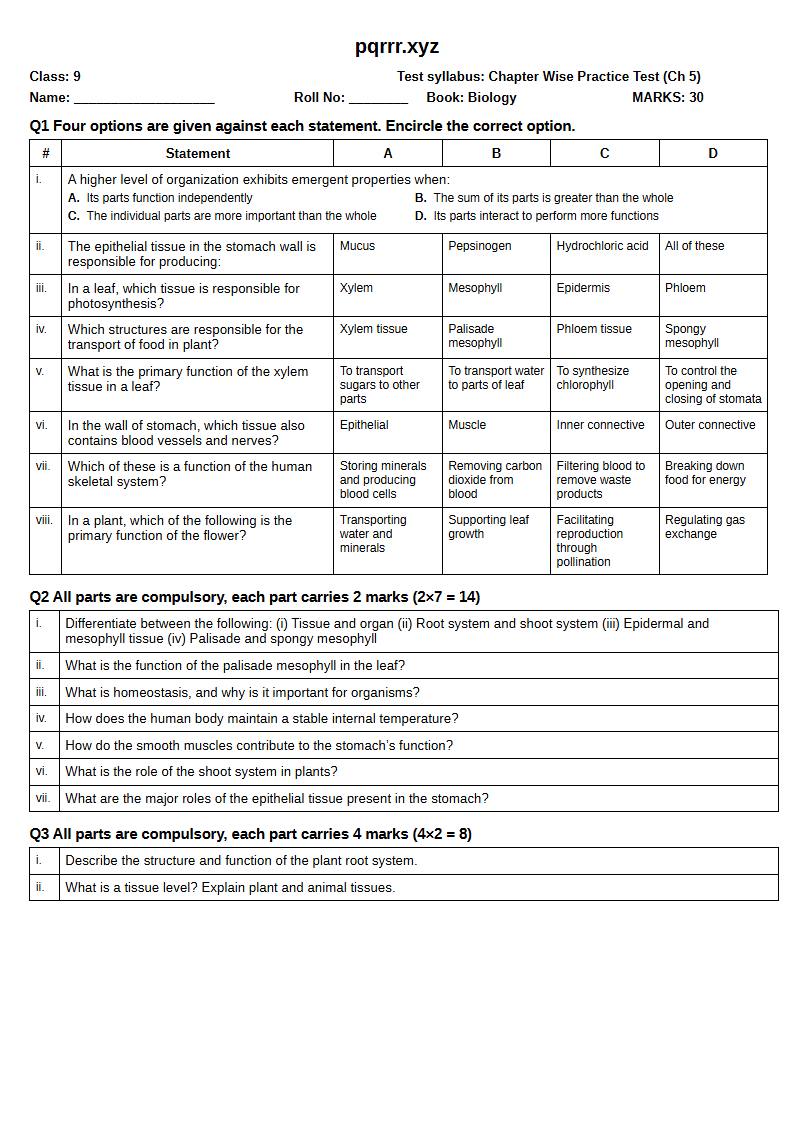 First page of 9th Biology – Chapter 5 – Tissues, Organs and Organ Systems – Chapter Wise Practice Test, 30 marks (English)