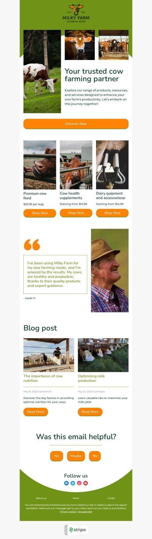 Promo email template "Your trusted cow farming partner" for agriculture industry